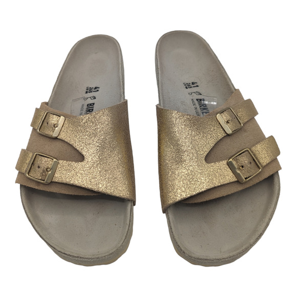 Birkenstock Vaduz Slide Sandal Gold Tone Leather Tan Suede Buckle 41 - Picture 4 of 10